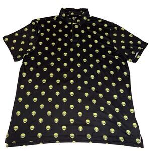 Alien Golf Polo Shirt Men’s 3XL Black Neon Green Alien Head All Over Print